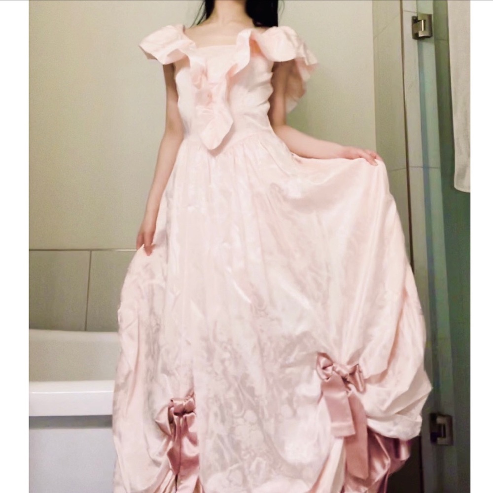 80s Gunne Sax Pink Flutter Sleeve Plunge Back Gown